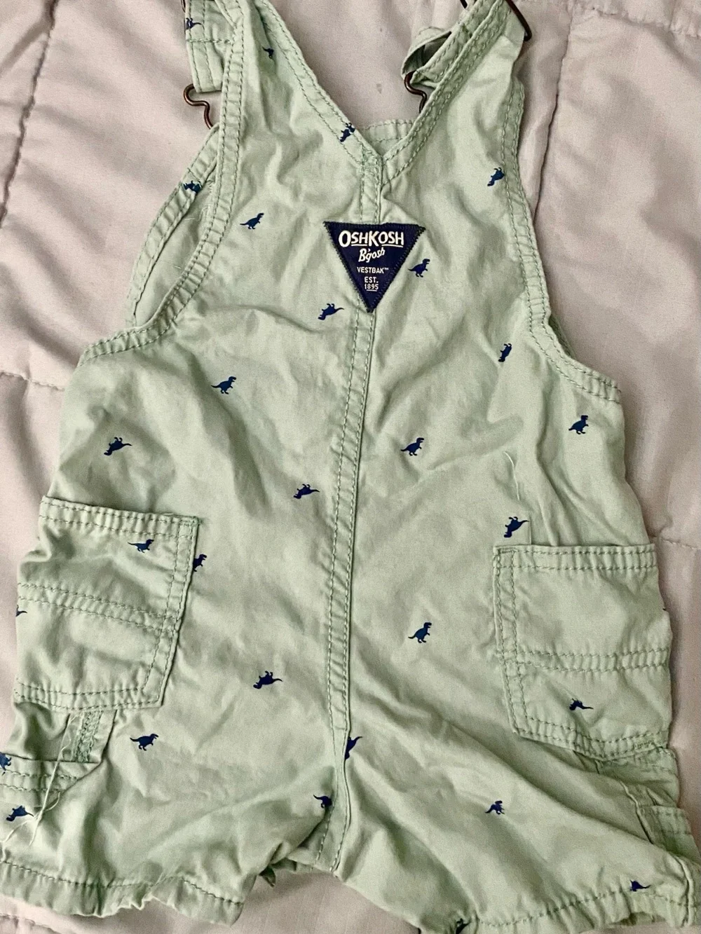 OshKosh B'gosh Mint Green Dino Shortalls with Navy Dino Print